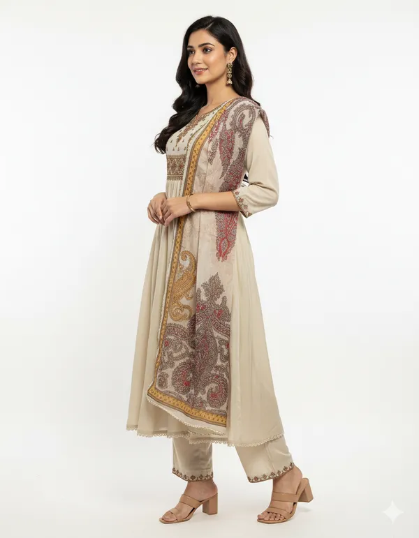 Beige_Embroidered_Kurta_Set_With_Printed_Dupatta_For_Women
