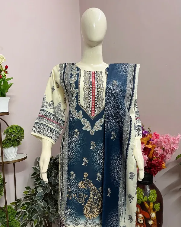 Cream_&_Navy_Printed_Cotton_Suit_Set_With_Dupatta_For_Women