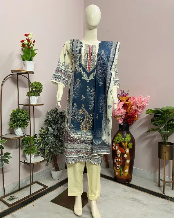 Cream_&_Navy_Printed_Cotton_Suit_Set_With_Dupatta_For_Women