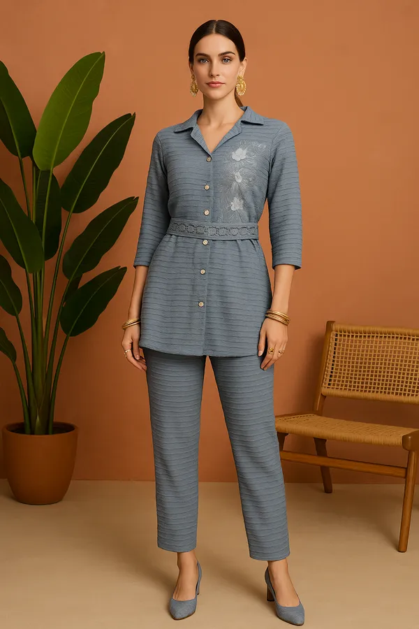 Grey_Elegant_Textured_Kurti_Set_With_Floral_Embellishment_For_Women
