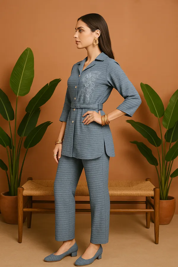 Grey_Elegant_Textured_Kurti_Set_With_Floral_Embellishment_For_Women