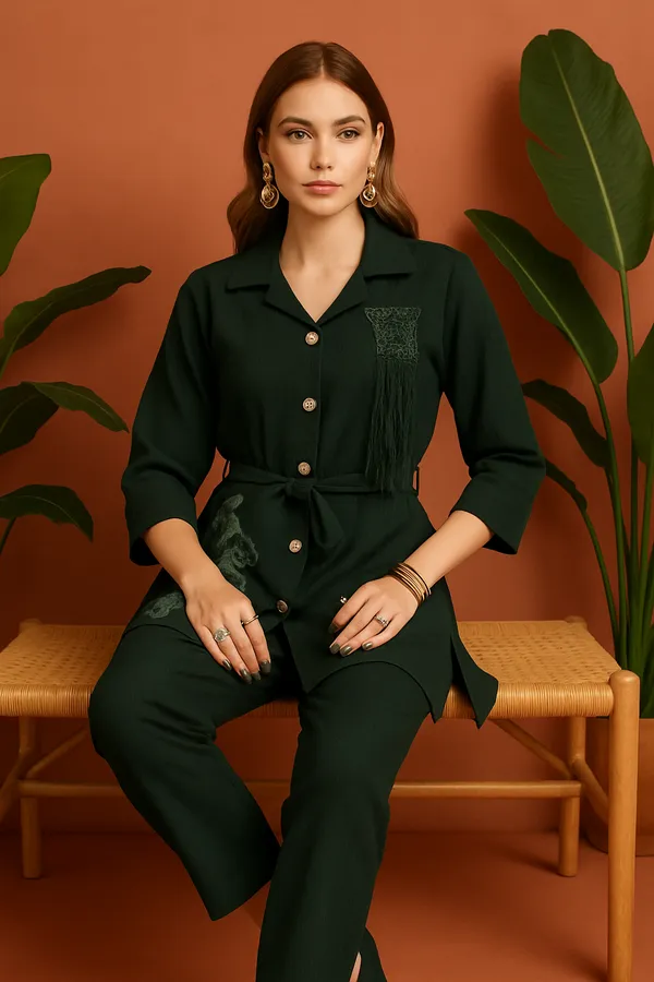 Deep_Olive_Green_Co-Ord_Set_With_Artistic_Embellishments_For_Women