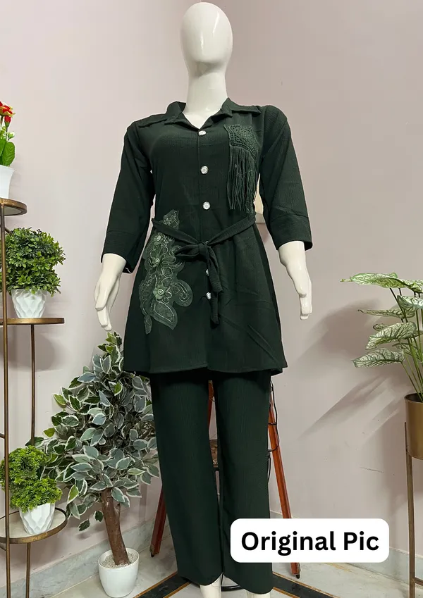 Deep_Olive_Green_Co-Ord_Set_With_Artistic_Embellishments_For_Women