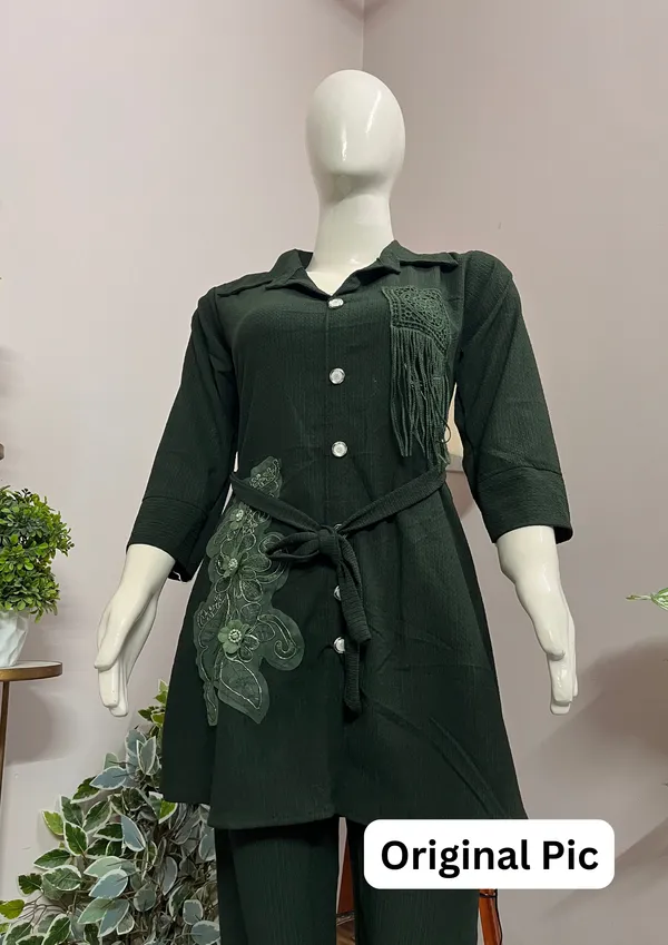 Deep_Olive_Green_Co-Ord_Set_With_Artistic_Embellishments_For_Women