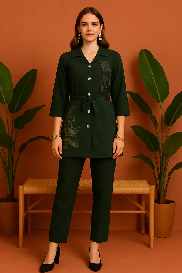Deep_Olive_Green_Co-Ord_Set_With_Artistic_Embellishments_For_Women