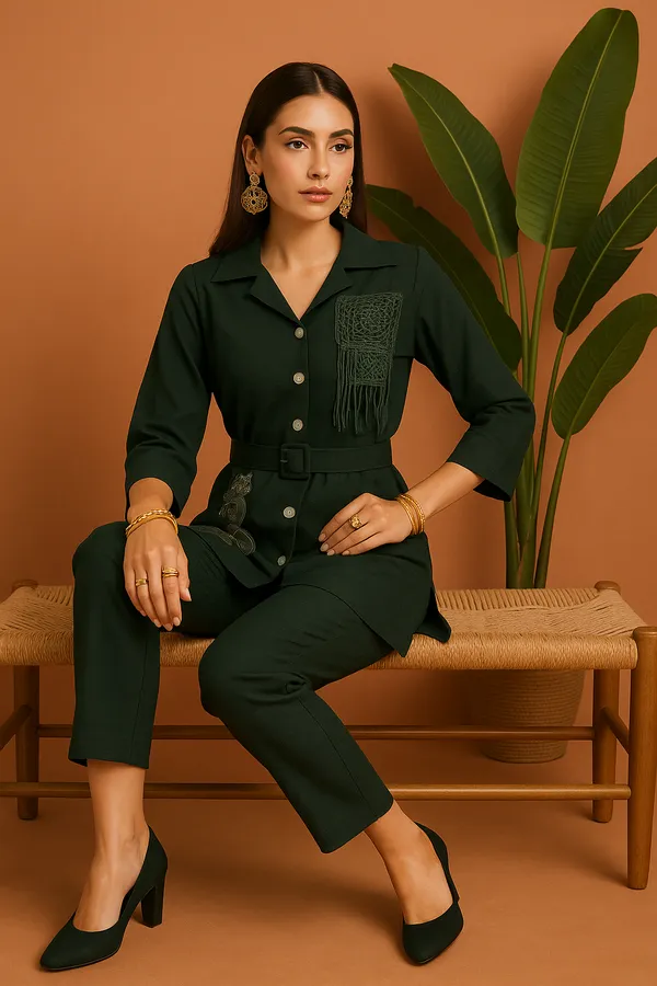 Deep_Olive_Green_Co-Ord_Set_With_Artistic_Embellishments_For_Women
