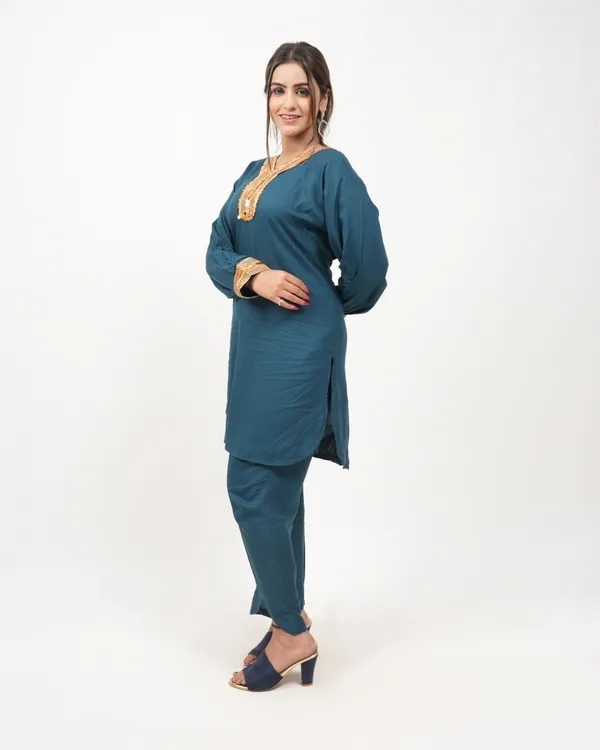 Teal_Blue_Trendy_Design_Kurti_Pant_Co-Ord_Set_For_Women