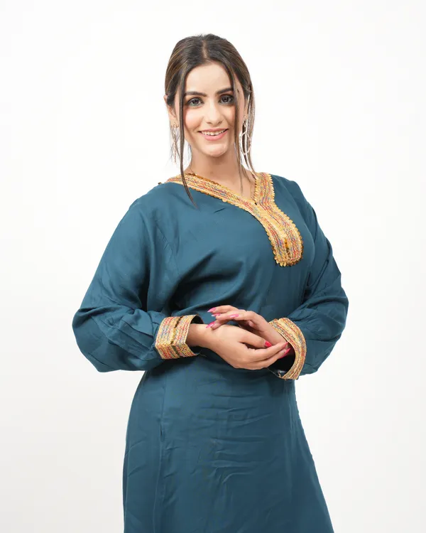 Teal_Blue_Trendy_Design_Kurti_Pant_Co-Ord_Set_For_Women