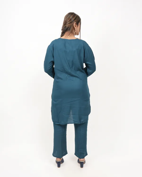 Teal_Blue_Trendy_Design_Kurti_Pant_Co-Ord_Set_For_Women