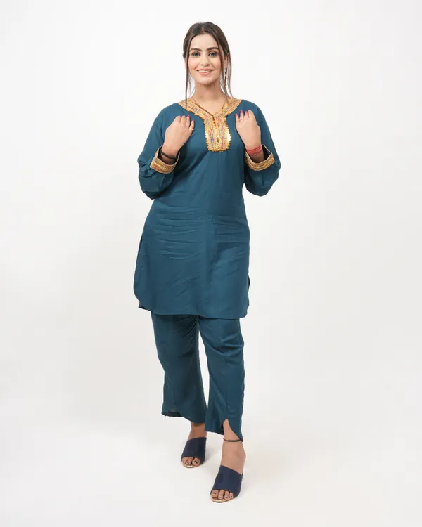 Teal_Blue_Trendy_Design_Kurti_Pant_Co-Ord_Set_For_Women