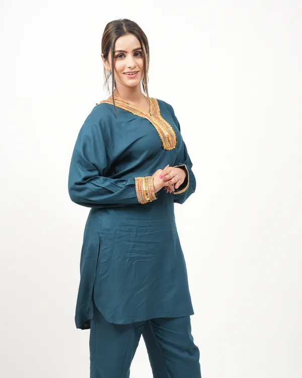 Teal_Blue_Trendy_Design_Kurti_Pant_Co-Ord_Set_For_Women