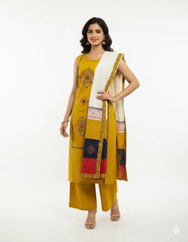Mustard_Yellow_Printed_Kurta_Set_With_Contrasting_Dupatta_For_Women