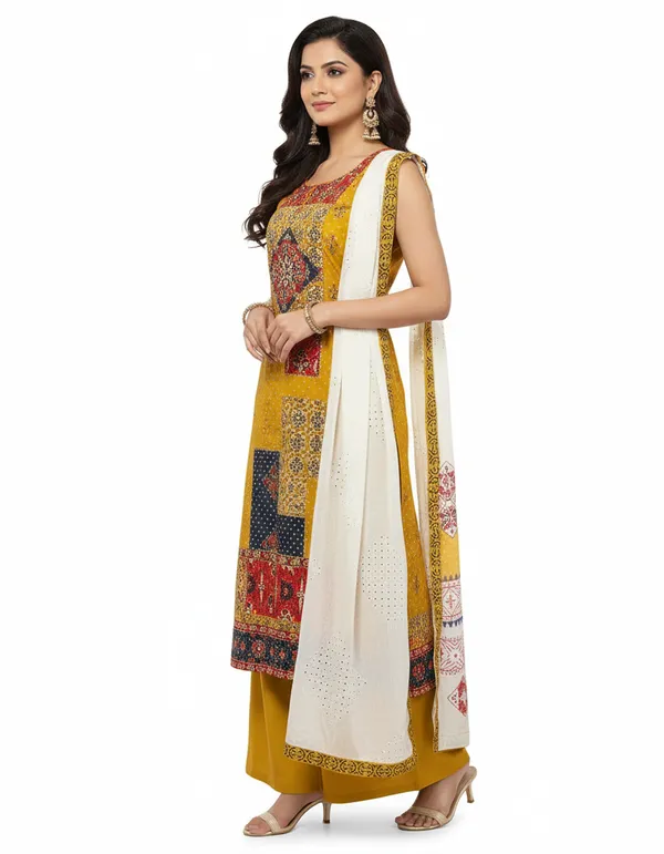 Mustard_Yellow_Printed_Kurta_Set_With_Contrasting_Dupatta_For_Women