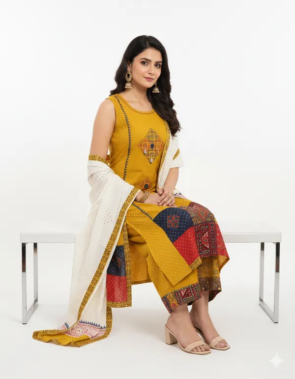 Mustard_Yellow_Printed_Kurta_Set_With_Contrasting_Dupatta_For_Women
