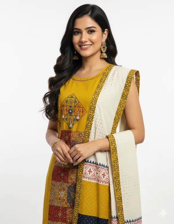 Mustard_Yellow_Printed_Kurta_Set_With_Contrasting_Dupatta_For_Women