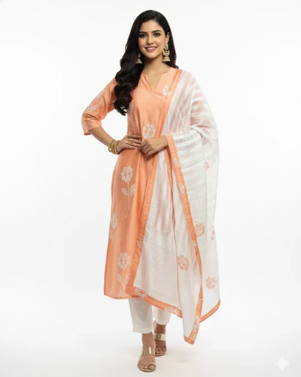 Peach_Floral_Printed_Kurta_Set_With_Dupatta_For_Women