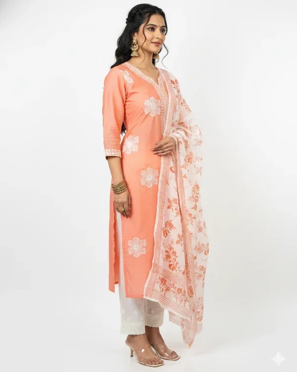 Peach_Floral_Printed_Kurta_Set_With_Dupatta_For_Women