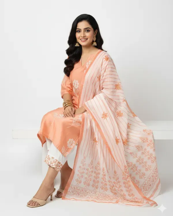 Peach_Floral_Printed_Kurta_Set_With_Dupatta_For_Women