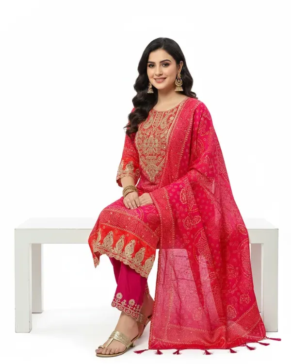 Pink_&_Red_Bandhej_Suit_Set_With_Dupatta_For_Women