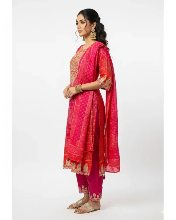 Pink_&_Red_Bandhej_Suit_Set_With_Dupatta_For_Women