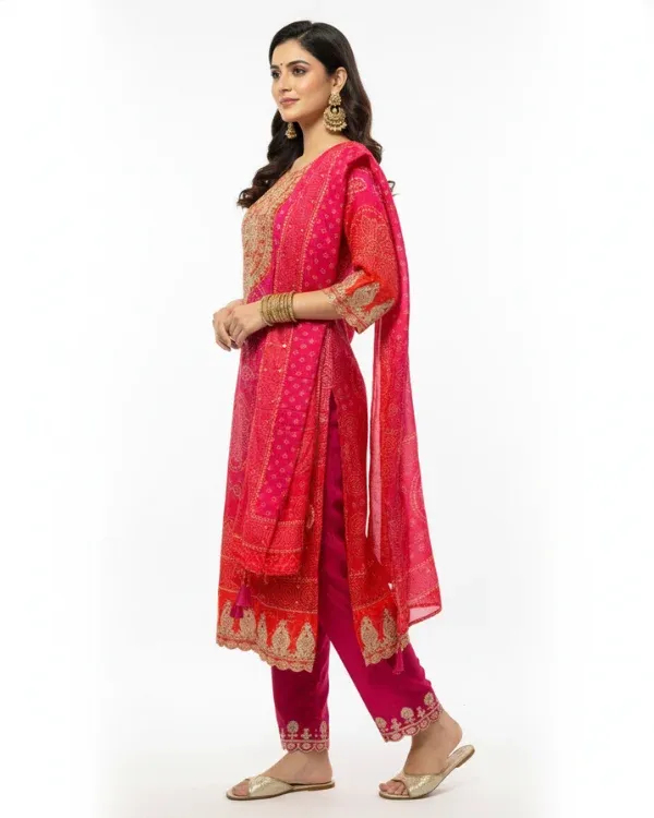 Pink_&_Red_Bandhej_Suit_Set_With_Dupatta_For_Women