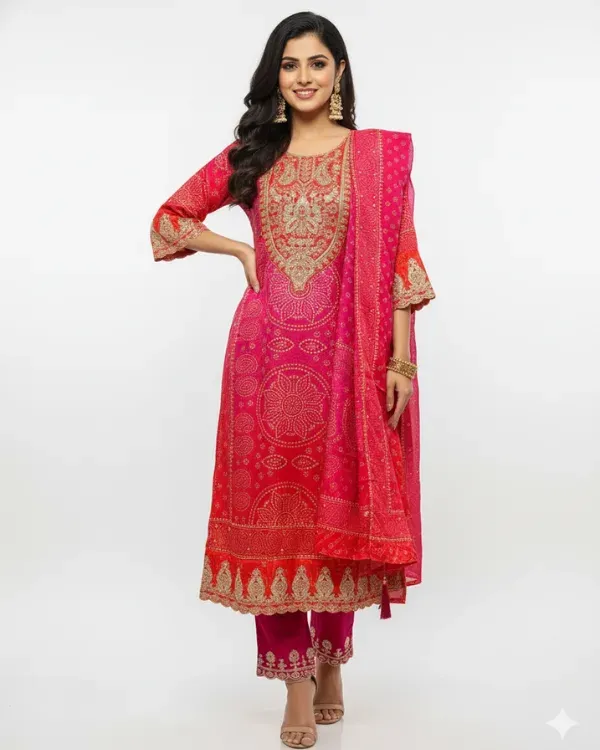 Pink_&_Red_Bandhej_Suit_Set_With_Dupatta_For_Women