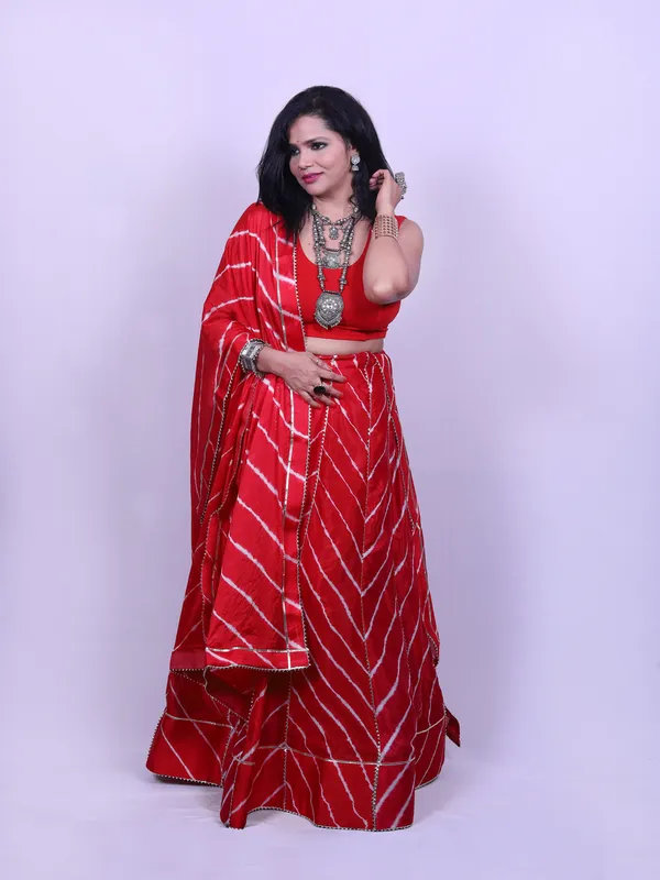 Red_Bandhani_Print_Lehenga_With_Dupatta_Unstitched_Blouse_Piece_For_Women