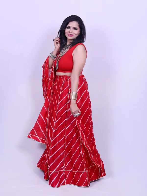 Red_Bandhani_Print_Lehenga_With_Dupatta_Unstitched_Blouse_Piece_For_Women