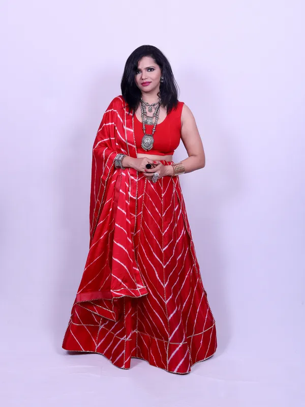 Red_Bandhani_Print_Lehenga_With_Dupatta_Unstitched_Blouse_Piece_For_Women
