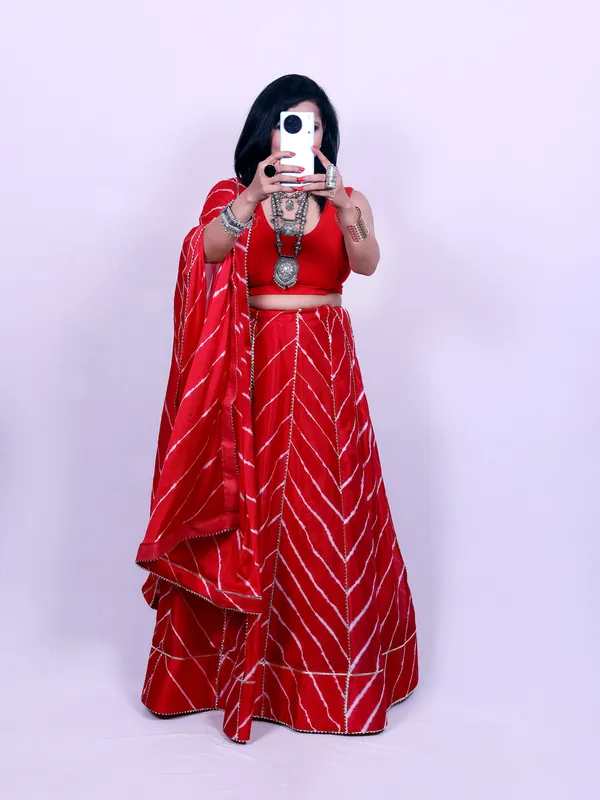 Red_Bandhani_Print_Lehenga_With_Dupatta_Unstitched_Blouse_Piece_For_Women