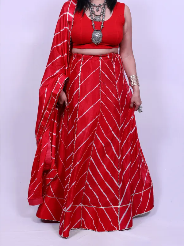 Red_Bandhani_Print_Lehenga_With_Dupatta_Unstitched_Blouse_Piece_For_Women
