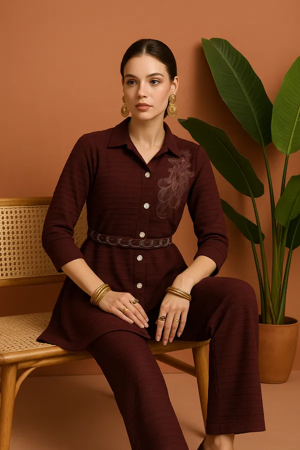 Wine_Rich_Textured_Co-Ord_Set_With_Embroidered_Accent_Waist_Belt_For_Women