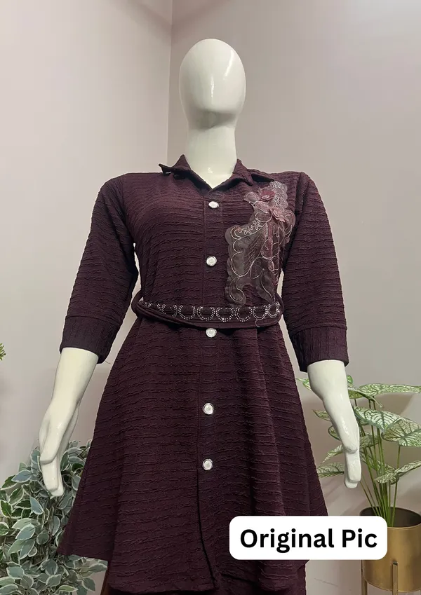 Wine_Rich_Textured_Co-Ord_Set_With_Embroidered_Accent_Waist_Belt_For_Women
