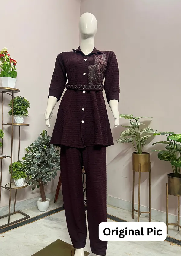 Wine_Rich_Textured_Co-Ord_Set_With_Embroidered_Accent_Waist_Belt_For_Women