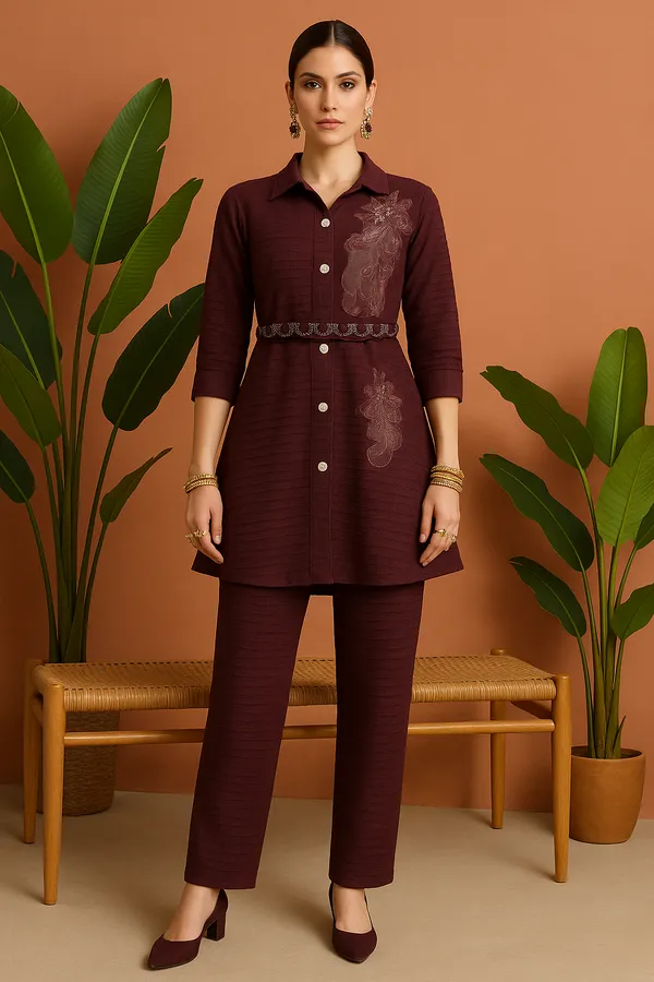 Wine_Rich_Textured_Co-Ord_Set_With_Embroidered_Accent_Waist_Belt_For_Women