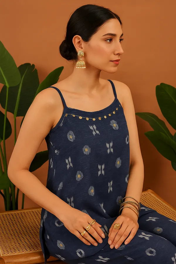 Indigo_Blue_Denim_Printed_Co-Ord_Set_With_Spaghetti_Top_For_Women