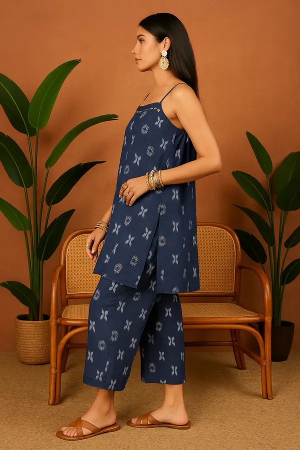 Indigo_Blue_Denim_Printed_Co-Ord_Set_With_Spaghetti_Top_For_Women