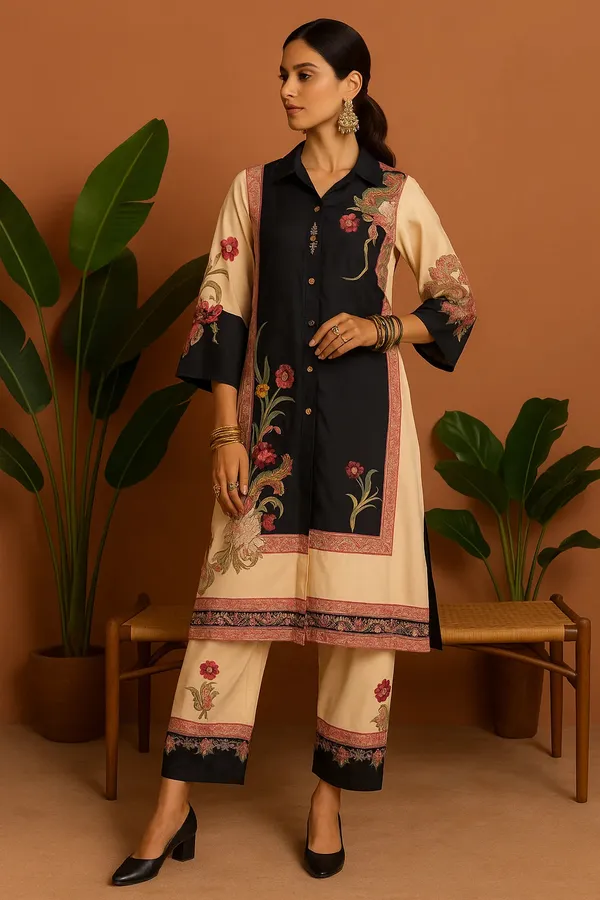 Light_Pink_Crepe_Printed_Co-Ord_Set_With_Collar_Shirt_Solid_Pants_For_Women