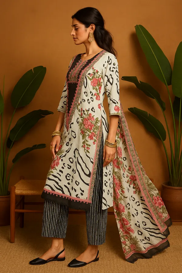 Off_White_Cotton_Silk_Floral_Printed_Kurta_Set_With_Striped_Pants_Embroidered_Neck_Detail_For_Women
