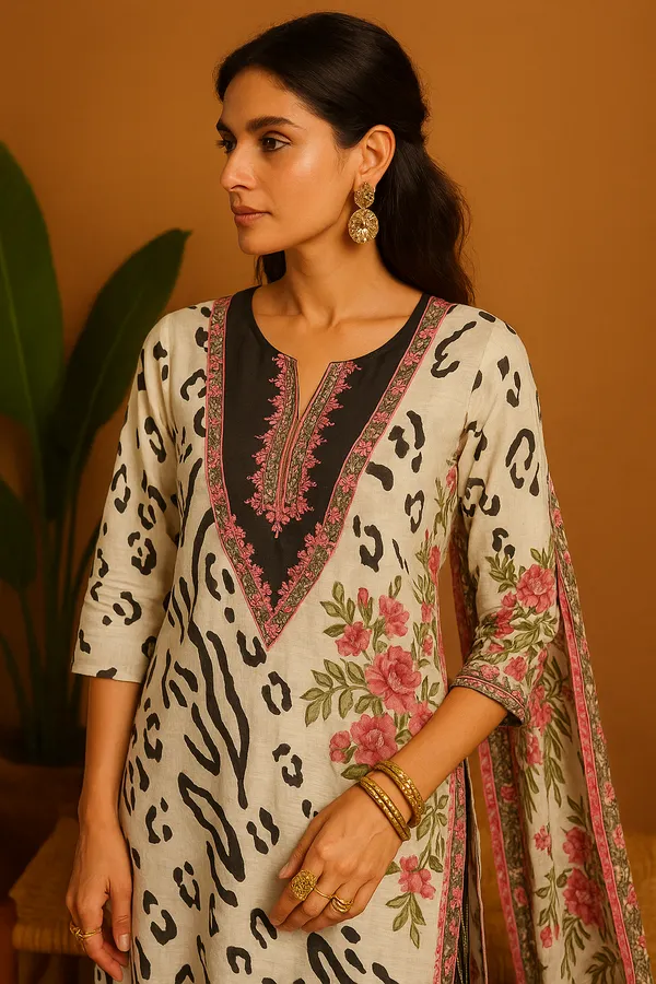 Off_White_Cotton_Silk_Floral_Printed_Kurta_Set_With_Striped_Pants_Embroidered_Neck_Detail_For_Women