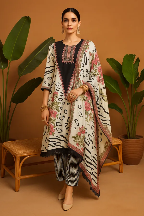 Off_White_Cotton_Silk_Floral_Printed_Kurta_Set_With_Striped_Pants_Embroidered_Neck_Detail_For_Women