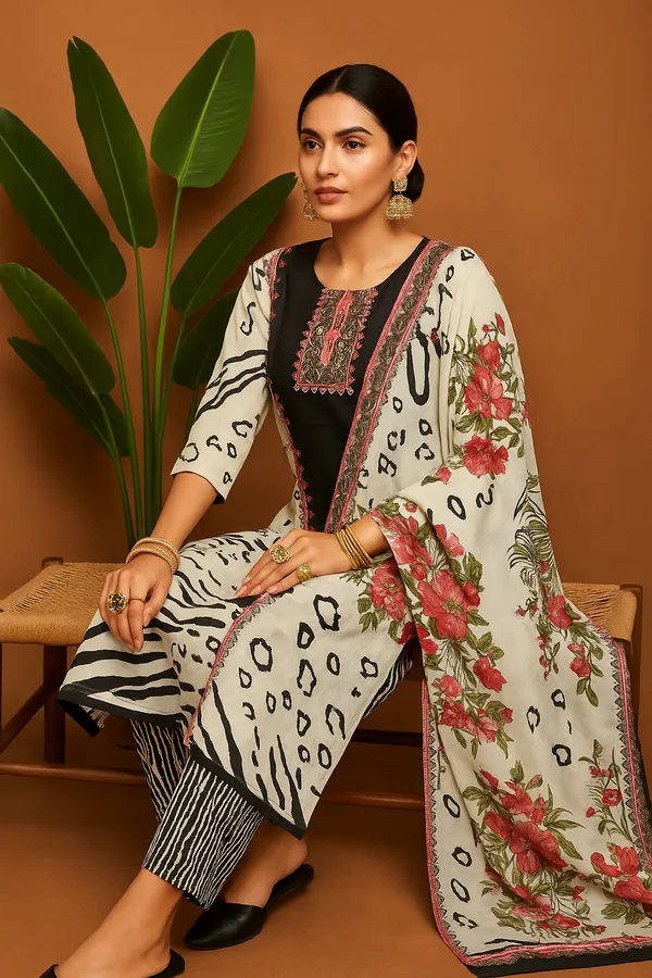 Off_White_Cotton_Silk_Floral_Printed_Kurta_Set_With_Striped_Pants_Embroidered_Neck_Detail_For_Women