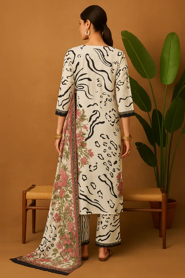 Off_White_Cotton_Silk_Floral_Printed_Kurta_Set_With_Striped_Pants_Embroidered_Neck_Detail_For_Women