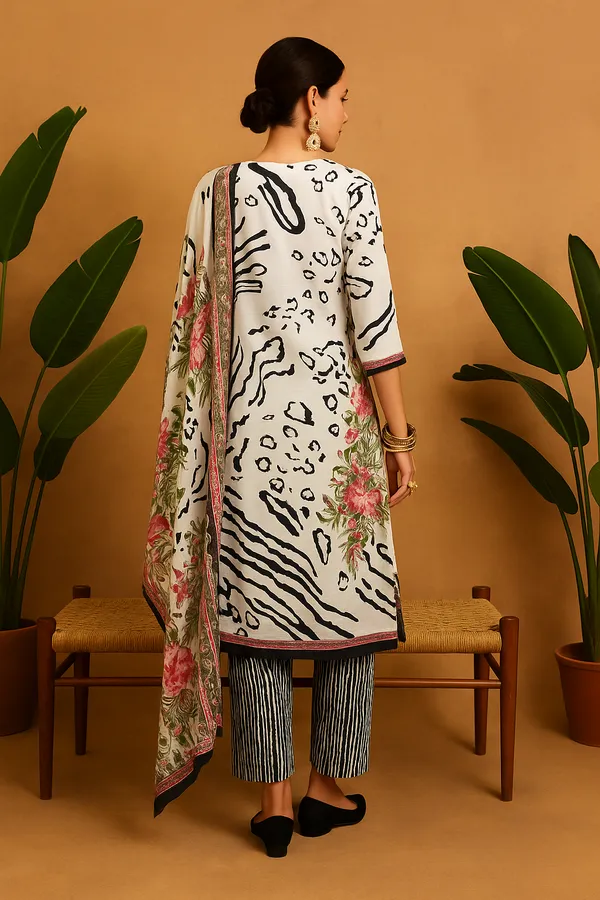 Off_White_Cotton_Silk_Floral_Printed_Kurta_Set_With_Striped_Pants_Embroidered_Neck_Detail_For_Women