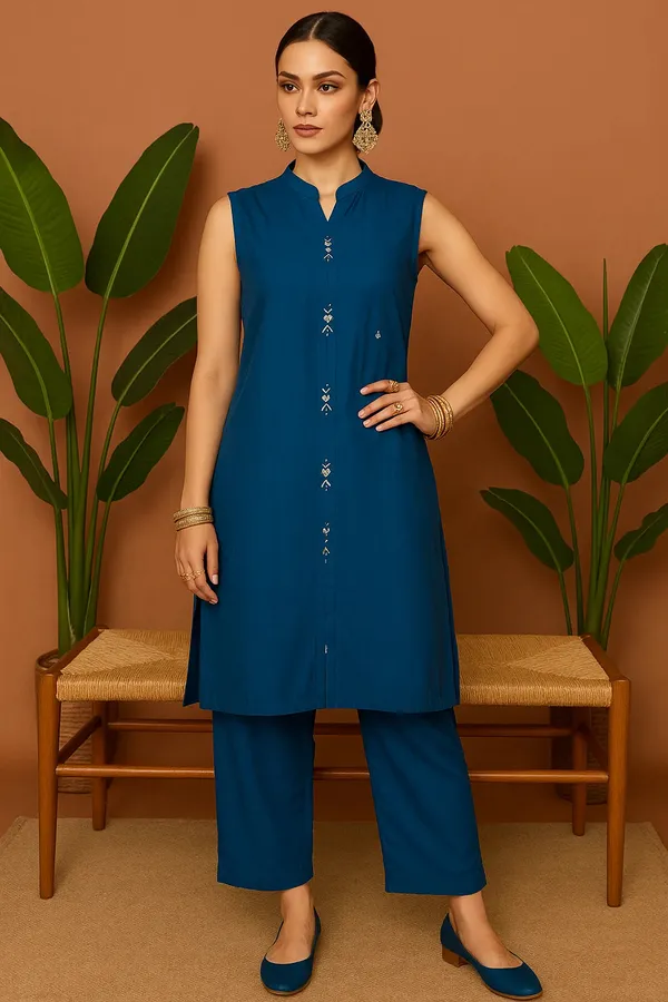 Blue_Solid_Sleeveless_Co-Ord_Set_With_Minimal_Embroidery_For_Women
