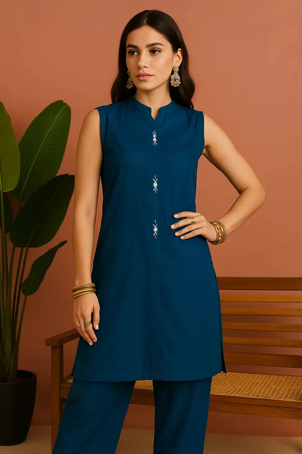 Blue_Solid_Sleeveless_Co-Ord_Set_With_Minimal_Embroidery_For_Women