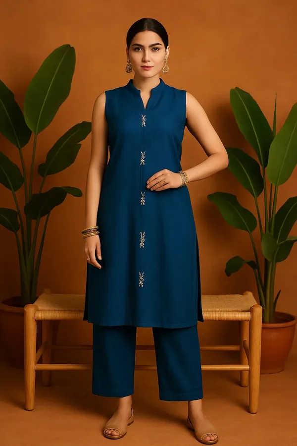 Blue_Solid_Sleeveless_Co-Ord_Set_With_Minimal_Embroidery_For_Women