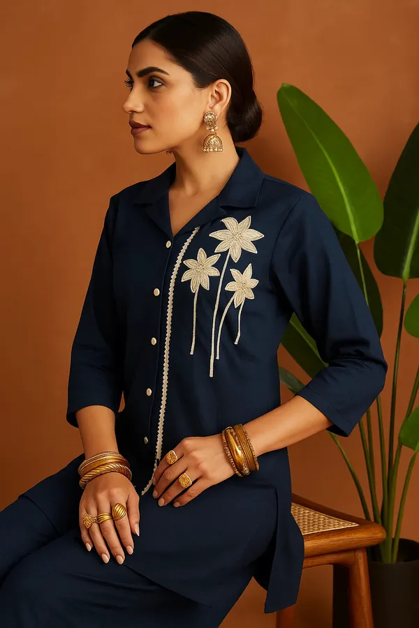 Navy_Blue_Denim_Co-Ord_Set_With_Floral_Lace_Detailing_For_Women