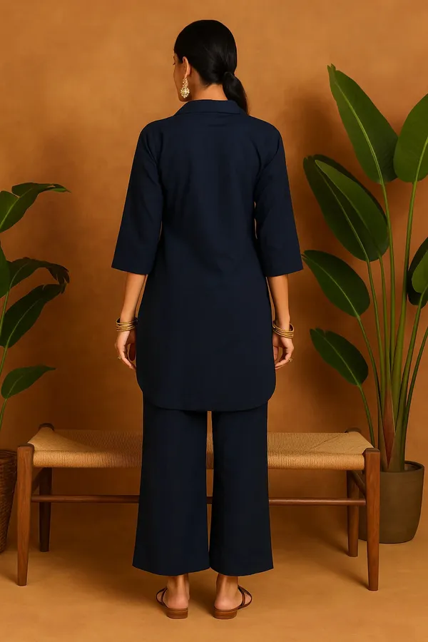 Navy_Blue_Denim_Co-Ord_Set_With_Floral_Lace_Detailing_For_Women