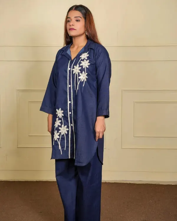 Navy_Blue_Denim_Co-Ord_Set_With_Floral_Lace_Detailing_For_Women